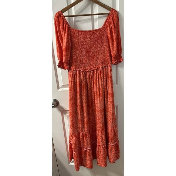 Betsey Johnson Orange Red Palms of Paradise Smocked Maxi Dress Size M Ruffle - Picture 5 of 8